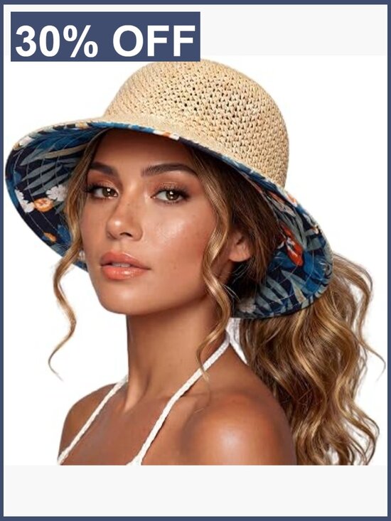 UPF 50+ Ponytail Sun Hat Wide Brim Handwoven Straw Packable Beach main image 6
